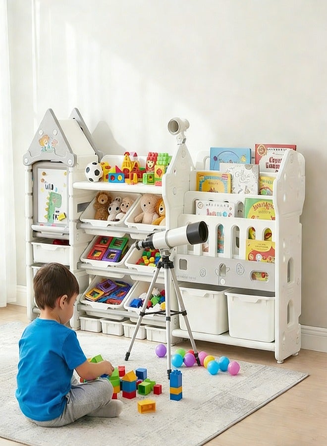 Beauenty Kids Toy Storage Organizer and Children Bookshelf, with 4-Tier Shelf&14 Removable Plastic Bins, Pull-Out Drawers Multipurpose Shelf for Toddlers to Organize Toys and Books - Image 1